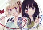  2girls :d black_hair blonde_hair blue_shirt blush bob_cut closed_mouth commentary_request hair_ribbon highres holding holding_paintbrush index_finger_raised inoue_takina long_hair looking_at_viewer lycoris_recoil multiple_girls nishikigi_chisato official_alternate_costume one_side_up open_mouth overalls paint_on_body paintbrush red_eyes red_ribbon ribbon sango_(sango3_3) shirt short_hair short_sleeves sidelocks simple_background smile strap_slip upper_body violet_eyes white_background white_shirt yuri 
