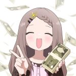  1girl ^_^ aoba_kokona banknote blush braid braided_bangs brown_hair closed_eyes facing_viewer falling_money hair_ornament hairclip highres holding holding_money long_hair long_sleeves money open_mouth simple_background solo upper_body v yachima_tana yama_no_susume 