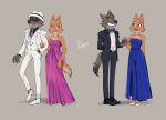  1boy 1girl animal_ears bare_shoulders black_jacket black_pants black_suit blue_bow blue_bowtie blue_dress blue_pants body_fur bow bowtie colored_sclera copyright_name diane_foxington dress eyebrow_piercing fake_facial_hair fake_mustache fox_ears fox_girl fox_tail full_body furry furry_female furry_male green_eyes grey_background grin hand_on_another&#039;s_arm high_heels highres holding_hands jacket jewelry mr._wolf multiple_views necklace necktie nosugarnohoney official_alternate_costume open_mouth orange_fur pant_suit pants pants_under_dress piercing purple_dress purple_footwear purple_necktie simple_background smile snout strapless strapless_dress suit sunglasses tail teeth the_bad_guys_(film) two-tone_fur waistcoat white_footwear white_headwear white_jacket white_pants white_suit wolf_boy wolf_ears yellow_eyes 