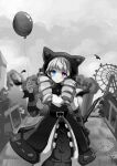  1girl animal_ears balloon belt blue_eyes blush bush clouds dress drill_hair fake_animal_ears feet_out_of_frame ferris_wheel gwen_(league_of_legends) hand_up hat heart highres holding holding_balloon kureko0w0 league_of_legends long_sleeves looking_at_viewer outdoors pantyhose red_eyes smile solo soul_fighter_gwen spot_color twin_drills twintails 