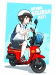  1girl alternate_costume aqua_eyes backpack bag black_skirt blue_background border brown_hair collared_shirt english_commentary english_text food full_body grey_footwear helmet highres hololive honda kusoukagaku miniskirt motor_vehicle mouth_hold oozora_subaru pleated_skirt popsicle riding_scooter school_uniform scooter shadow shirt shoes short_hair short_sleeves sitting skirt sneakers solo virtual_youtuber white_border white_headwear white_shirt 