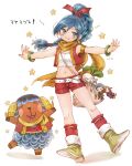  1girl belt blue_eyes blue_hair bracelet braid braided_ponytail dragon_quest dragon_quest_xi full_body grin hair_ribbon jewelry long_hair longdenkikettle looking_at_viewer maya_(dq11) navel one_eye_closed red_vest ribbon scarf shorts simple_background single_braid smile solo vest white_background 