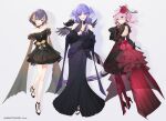  3girls asymmetrical_arms black_choker black_dress black_footwear black_hair blue_eyes bracelet choker dragon_tail dress finger_to_mouth fish_hair_ornament flower full_body gloves gown hair_ornament hayashi_kewi head_wings heterochromia jewelry long_hair medium_hair multicolored_hair multiple_girls nijisanji nijisanji_en obsydia_(nijisanji) off-shoulder_dress off_shoulder official_art orange_hair pantyhose petra_gurin pink_eyes pink_hair pointy_ears purple_hair purple_wings red_flower red_gloves red_pantyhose red_rose rose rosemi_lovelock selen_tatsuki short_dress short_hair streaked_hair tail violet_eyes virtual_youtuber wings 