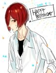  1boy black_shirt commentary_request dated dress_shirt hagiwara_daisuke happy_birthday hori-san_to_miyamura-kun long_sleeves parted_lips partially_unbuttoned pov red_eyes redhead sengoku_kakeru shirt short_hair solo upper_body white_shirt 