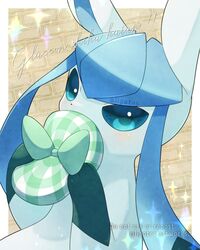  alopias border character_name commentary glaceon green_eyes green_headwear hat hat_removed headwear_removed holding holding_clothes holding_hat looking_at_viewer no_humans pokemon pokemon_(creature) solo sparkle watermark white_border 