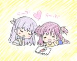  2girls :d =_= asahina_yori blush casual chibi child&#039;s_drawing commentary_request drawing dress food hair_between_eyes happy heart highres holding holding_pen katou_umi light_purple_hair long_hair lying multiple_girls naruse_shiroha on_stomach open_mouth pastel_colors pen popsicle purple_hair shirt short_sleeves simple_background sitting smile summer_pockets two_side_up very_long_hair watermelon_bar white_dress yellow_background yellow_shirt 