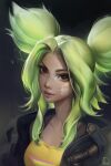  1girl bandages brown_eyes electricity green_hair highres league_of_legends non-web_source twintails zeri_(league_of_legends) 