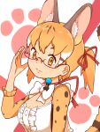  1girl animal_ears bow bowtie brown_eyes brown_hair cat_ears cat_girl cat_tail extra_ears glasses highres kemono_friends kemono_friends_v_project large-spotted_genet_(kemono_friends) long_hair looking_at_viewer microphone ribbon shirt simple_background solo suspenders tail twintails virtual_youtuber y0whqzz8bkslezl 