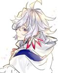  1boy ahoge closed_mouth colored_eyelashes commentary_request fate_(series) hagiwara_daisuke long_hair male_focus merlin_(fate) purple_hair sideways_glance solo upper_body white_background white_hair 