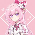  1girl bell breasts closed_mouth diamond-shaped_pupils diamond_(shape) elysia_(herrscher_of_human:ego)_(honkai_impact) elysia_(honkai_impact) flower gloves hair_flower hair_ornament highres honkai_(series) honkai_impact_3rd long_hair pink_background pink_hair pink_theme pointy_ears shiyuki_(yuki_09_22) small_breasts smile solo symbol-shaped_pupils v white_flower white_gloves 