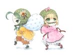  2girls :3 blonde_hair bow chibi dress drill_hair full_body green_eyes green_hair head_scarf hinaichigo kanaria kiru_(m_putorius) long_sleeves multiple_girls pink_bow pink_dress rozen_maiden sack short_hair simple_background smile sneaking twin_drills white_background yellow_dress 