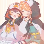  2girls absurdres animal_hood aqua_dress asa_to_umi belt black_hair black_hoodie blonde_hair closed_eyes dress hair_bun highres hood hoodie igarashi_rika long_hair multicolored_clothes multicolored_hair multiple_girls nijisanji nijisanji_en orange_hair penguin_hood petra_gurin short_hair single_side_bun smile streaked_hair virtual_youtuber white_hair white_hoodie yellow_belt 