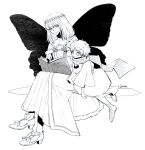  2boys :o bob_cut book butterfly_wings fate/grand_order fate_(series) holding holding_book long_hair looking_at_object monochrome multiple_boys naka9a oberon_(fate) open_book open_mouth reading scarf sitting smile twitter_username voyager_(fate) voyager_(first_ascension)_(fate) wings 