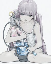  1girl absurdres araki_rakka black_eyes feet_out_of_frame fire_extinguisher flat_chest grey_hair highres long_hair looking_at_viewer original parted_lips pastel_colors solo tank_top twintails very_long_hair white_tank_top 