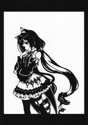  1girl absurdres animal_ears bare_shoulders black_border border bow cat_ears cat_girl cat_tail closed_mouth collared_shirt cowboy_shot drill_hair frilled_skirt frills from_side greyscale hair_bow hand_on_own_chin head_rest highres karyl_(princess_connect!) long_bangs long_hair looking_down low_twintails monochrome moy1124 paper_cutout_(medium) princess_connect! shirt sidelocks skirt sleeveless sleeveless_shirt smile solo tail thigh-highs thigh_garter twin_drills twintails very_long_hair 