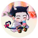  1boy :p absurdres animal_ear_fluff animal_ears black_footwear black_hair black_jacket blush bow cat_boy cat_ears cat_tail chibi cloak closed_eyes closed_mouth facing_away food golden_kamuy grey_cloak hair_slicked_back heart heart_tail highres holding holding_food holding_ice_cream hood hood_down hooded_cloak ice_cream jacket ke-a-ru long_sleeves male_focus ogata_hyakunosuke pink_bow shoes short_hair simple_background solo tail tail_bow tail_ornament tongue tongue_out undercut white_background 