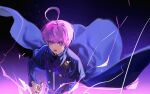  1boy absurdres ahoge binxngchng1 blue_cape blue_jacket cape glowing gradient_background highres holding holding_weapon jacket kokohead_yuma long_sleeves looking_at_viewer male_focus master_detective_archives:_rain_code open_mouth purple_hair short_hair solo upper_body violet_eyes weapon 