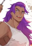  1boy absurdres alternate_costume bhima_(fate) dark-skinned_male dark_skin fate/grand_order fate_(series) hand_up highres koroponsu3 long_hair male_focus muscular muscular_male pectorals purple_hair sidepec smile solo sweat tank_top turning_head upper_body v-shaped_eyebrows violet_eyes white_background white_tank_top 