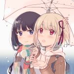  2girls backpack bag black_bag black_hair blonde_hair blue_background blush brown_jacket closed_mouth commentary_request gradient_background hair_ribbon highres holding holding_umbrella hood hoodie inoue_takina jacket long_hair long_sleeves looking_at_viewer lycoris_recoil multiple_girls nishikigi_chisato one_side_up open_mouth rain red_eyes red_ribbon ribbon sango_(sango3_3) scarf shadow shared_umbrella short_hair umbrella upper_body violet_eyes white_background white_hoodie yuri 