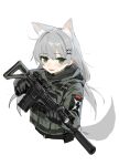  1girl animal_ears assault_rifle bandage_on_face bandages cat_ears cat_girl cat_tail fangs flashlight gloves green_eyes grey_hair gun hara_shoutarou highres hood jacket long_hair open_mouth patch rifle smile solo suppressor tail weapon white_background 