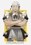  1boy absurdres apron black_bow black_bowtie black_shirt black_skirt border bow bowtie character_request collared_shirt commentary_request crossdressing crossed_arms diadem english_text final_fantasy final_fantasy_xiv frilled_apron frills grey_hair hair_bow highres long_hair looking_at_viewer maid maid_headdress male_focus male_maid muscular muscular_male og-pogg orange_eyes outside_border parted_bangs pleated_skirt puffy_short_sleeves puffy_sleeves shirt short_sleeves sidelocks simple_background skirt solo white_apron white_border white_shirt yellow_background 
