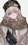  1girl aogisa beanie blue_eyes commentary girls_frontline grey_background hair_ornament hat head_tilt highres jacket light_brown_hair long_hair looking_at_viewer scar-l_(girls&#039;_frontline) scarf shirt simple_background smile solo upper_body white_shirt 