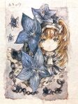  1girl blue_eyes blue_flower border brown_hair colored_pencil_(medium) expressionless flower highres long_hair original painting_(medium) solo traditional_media watercolor_(medium) white_border yukkiy 