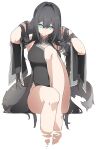  1girl absurdres black_dress black_hair blue_eyes china_dress chinese_clothes cleavage_cutout clothing_cutout crossed_legs dress highres looking_at_viewer ookaka77 original smile solo water white_background 