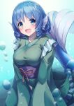  1girl absurdres blue_eyes blue_hair blush fins green_kimono head_fins highres japanese_clothes kimono long_sleeves mermaid messiah_&amp;_crea monster_girl obi open_mouth sash short_hair smile solo touhou upper_body wakasagihime wide_sleeves 