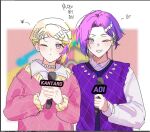  2boys blonde_hair blush character_name closed_mouth collared_shirt freckles green_eyes h4td4 holding holding_microphone kureha_aoi light_green_hair light_purple_hair long_sleeves looking_at_viewer male_focus microphone misuji_kantaro multicolored_eyes multicolored_hair multiple_boys one_eye_closed paradox_live pink_sweater purple_hair purple_sweater_vest shirt sweater sweater_vest teeth violet_eyes white_shirt 
