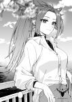  1girl against_railing alternate_costume alternate_hairstyle blurry blurry_foreground breasts closed_mouth clouds collared_shirt day eyelashes greyscale highres jun&#039;you_(kancolle) kantai_collection large_breasts long_hair machi_(ritovoyage) monochrome outdoors petals ponytail railing shirt shirt_tucked_in sky solo turtleneck water 
