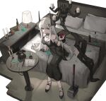  1girl alcohol arknights bare_shoulders bed black_dress black_footwear black_gloves candle closed_mouth commentary corded_phone cup desk_lamp dress drinking_glass earrings full_body gloves hammer highres holding holding_cup horns infection_monitor_(arknights) jewelry lamp light_smile long_dress long_hair looking_at_viewer mudrock_(arknights) mudrock_(obsidian)_(arknights) official_alternate_costume on_bed paper phone pointy_ears polyvora quill red_eyes single_glove sitting sledgehammer sleeveless sleeveless_dress white_hair wine 