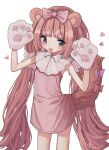  1girl animal_ears animal_hands bear_ears bear_girl blue_eyes blush bow commentary dress gloves hair_bow heart highres long_hair low_twintails neko_yeye open_mouth original paw_gloves pink_bow pink_dress pink_hair simple_background smile solo symbol-only_commentary twintails very_long_hair white_background 