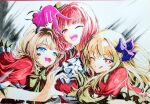  3girls :3 ;d arima_kana ascot blonde_hair blue_eyes bob_cut capelet closed_mouth collared_shirt commentary demon_horns earpiece fake_horns fangs frilled_gloves frills gloves hat heart heart_hands heart_hands_duo horns hoshino_ruby inverted_bob long_hair looking_at_viewer marker_(medium) medium_hair memcho mini_hat mini_top_hat multiple_girls no_pupils one_eye_closed one_side_up open_mouth oshi_no_ko pink_gloves red_brooch red_capelet red_eyes red_shirt redhead shirt short_hair sidelocks smile star-shaped_pupils star_(symbol) symbol-shaped_pupils teeth tongue tongue_out top_hat traditional_media upper_body upper_teeth_only urumashi-03301980 v white_ascot yellow_gloves 