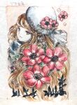  1girl border brown_eyes brown_hair colored_pencil_(medium) flower highres leaf long_hair looking_at_viewer original painting_(medium) red_flower smile solo traditional_media upper_body watercolor_(medium) white_border white_headwear yukkiy 