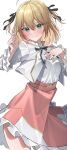  1girl absurdres anisphia_wynn_palettia arched_back black_ribbon blonde_hair blush closed_mouth cowboy_shot green_eyes hair_between_eyes hair_ribbon hand_on_own_chest high-waist_skirt highres jacket kawai_ritsu_(rits_meg) long_sleeves looking_at_viewer medium_skirt neck_ribbon pink_skirt ribbon shirt short_hair simple_background skirt smile solo tensei_oujo_to_tensai_reijou_no_mahou_kakumei two_side_up white_background white_jacket white_shirt 