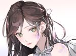  1girl brown_hair clip_studio_paint_(medium) closed_mouth dress earrings english_commentary green_eyes hair_ornament highres jewelry lips long_hair looking_at_viewer missedyellowhat rosa_(tears_of_themis) smile solo tears_of_themis upper_body white_dress 