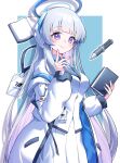  1girl absurdres blue_archive blue_necktie halo highres jacket looking_at_viewer mechanical_ears mechanical_halo necktie noa_(blue_archive) shirt skirt todeu_(cool8254) violet_eyes white_hair white_jacket white_shirt white_skirt 