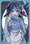  absurdres apron blue_eyes blue_hair blush commentary hair_ornament hatsune_miku highres jacket jersey_maid long_hair m_i_o_spring maid maid_apron maid_headdress pacifier solo track_jacket turtleneck turtleneck_jacket twintails unconventional_maid vocaloid white_apron x_hair_ornament 