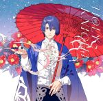  1boy album_cover black_pants blue_hair blue_jacket camellia center_frills cover cowboy_shot flower frills hair_between_eyes haori hijirikawa_masato holding holding_smoking_pipe holding_umbrella jacket japanese_clothes light_smile long_sleeves looking_at_viewer male_focus mole mole_under_eye official_art oil-paper_umbrella pants red_flower red_umbrella shirt short_hair smoke smoking_pipe snowing solo song_name straight_hair umbrella uta_no_prince-sama violet_eyes white_shirt wide_sleeves 