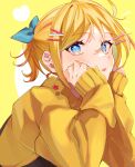  1girl absurdres aqua_bow blonde_hair blue_eyes bow cheek_rest earrings eyelashes hair_bow hair_ornament hairclip hands_on_own_cheeks hands_on_own_face head_rest highres inuyama_(1109) jewelry kagamine_rin light_blush looking_at_viewer parted_lips short_ponytail sideways_glance solo surprised sweater vocaloid yellow_background yellow_sweater 