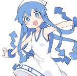  1girl blue_eyes blue_hair blush dress fusazakura hair_between_eyes highres ikamusume long_hair looking_at_viewer open_mouth outstretched_arms shinryaku!_ikamusume simple_background sleeveless sleeveless_dress smile solo spread_arms tentacle_hair white_background white_dress 