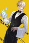  1boy apron black_apron black_bow black_bowtie black_vest blonde_hair blue_eyes bow bowtie collared_shirt earrings formal gepard_landau highres honkai:_star_rail honkai_(series) jewelry male_focus parted_lips rando-s shirt short_hair snowflakes solo tassel tassel_earrings teeth vest white_shirt yellow_background 