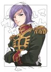  1boy aotch blunt_ends border character_name closed_mouth commentary epaulettes garma_zabi gloves green_jacket gundam high_collar highres jacket long_sleeves looking_at_viewer male_focus military_uniform mobile_suit_gundam outside_border paper_texture purple_hair short_hair simple_background smile solo uniform upper_body violet_eyes white_background white_border white_gloves 