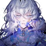  1boy bishounen blood blood_on_face blood_on_hands blue_blood boli_youyu chain hair_between_eyes lens_flare long_hair looking_at_viewer male_focus muxiangzi95632 solo stylized_blood the_tale_of_food upper_body white_background white_eyes white_hair 