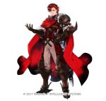  1boy armor belt black_gloves cape closed_mouth diamant_(fire_emblem) fire_emblem fire_emblem_engage fire_emblem_heroes full_body fur_trim furrowed_brow gloves hand_on_own_hip high_collar long_sleeves looking_at_viewer official_art pants red_cape red_eyes redhead short_hair shoulder_armor solo standing turtleneck watermark white_background 