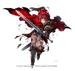  1boy armor belt black_gloves cape diamant_(fire_emblem) fire_emblem fire_emblem_engage fire_emblem_heroes full_body fur_trim furrowed_brow gloves high_collar holding holding_sword holding_weapon injury long_sleeves looking_to_the_side official_art one_eye_closed pants red_cape red_eyes redhead short_hair shoulder_armor solo standing sword torn_clothes turtleneck watermark weapon white_background 