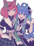  2girls :d ahoge alternate_costume animal_ears arm_around_shoulder blue_eyes blue_hair blush brown_eyes brown_hair crossed_bangs ear_covers gloves hand_on_own_hip highres horse_ears horse_girl long_hair looking_at_viewer multicolored_hair multiple_girls nice_nature_(umamusume) official_alternate_costume plaid plaid_skirt rjsn sharp_teeth simple_background skirt smile streaked_hair teeth twin_turbo_(umamusume) twintails umamusume violet_eyes white_background white_gloves 