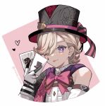  1boy androgynous black_headwear blonde_hair braid card genshin_impact hat heart holding holding_card lyney_(genshin_impact) multicolored_background multicolored_hair one_eye_closed pink_background pink_hair playing_card riane_cotton short_hair solo teardrop_facial_mark tongue tongue_out top_hat twitter_username violet_eyes white_background 