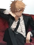  1boy artist_name black_jacket black_necktie black_pants blonde_hair chainsaw_man collared_shirt crossed_legs denji_(chainsaw_man) highres jacket looking_at_viewer necktie niroxin pants pull_cord shirt shirt_tucked_in short_hair sitting solo suit suit_jacket white_shirt 